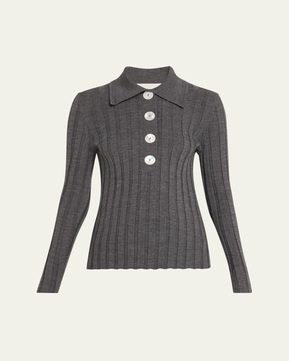 Sugarman Rib Knit Long-Sleeve Polo Top